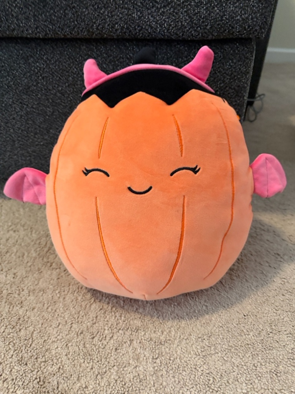 Squishmallows Margie the Pastel Orange Pumpkin in a pink devil costume - Picture 2 of 6